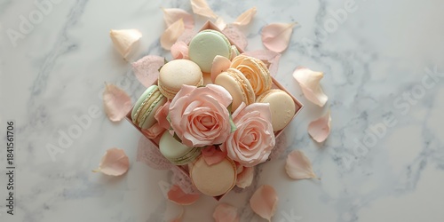 Assorted brightly colored macarons with floral accents in a gift box, used for celebration or gifting