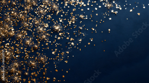 Golden confetti and starbursts on navy