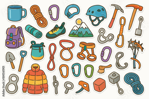 Colorful mountain climbing equipment collection featuring helmets, ropes, and tools