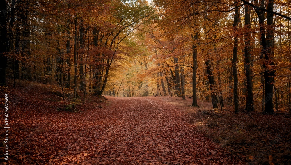 Obraz premium A peaceful woodland pathway bathed in sunlight, covered with colorful autumn foliage, suitable for landscape backgrounds