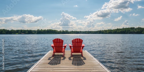 Bright red wooden chairs placed on a lakeside pier on a sunny day, serving as a background for outdoor leisure activities