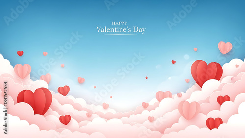 Happy Valentines Day with pink and red hearts floating in clouds