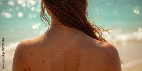 Fototapeta Naklejka Na Ścianę i Meble -  Glistening droplets on a girlâ€™s back during sunlight, highlighting skin moisture and hair strands, summer day