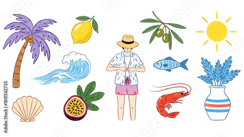 Summer vacation elements with tourist and sea food