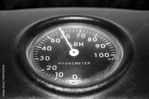Canvas Print Close-up monochrome (black and white) shot of an analog Hygrometer dial showing relative humidity (RH)