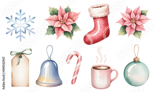 A joyful watercolor set of winter holiday decorations. Festive christmas elements collection.