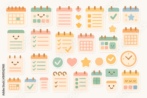 Cute pastel planner icons with calendars and checklists in soft colors