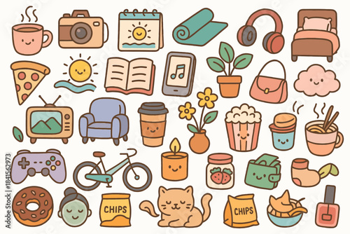 Cute doodle icons: food, beverage, electronics, and plants collection