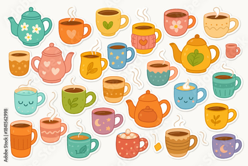 Colorful tea and coffee cups and teapots with cute designs and patterns
