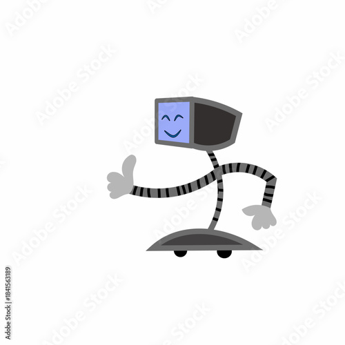 Cute cartoon robot character with flexible limbs, a smiling face, and a wheeled base, illustrated in a playful vector style.