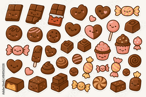 Cute cartoon sweets and chocolates with smiley faces