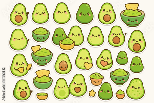 Cute kawaii avocado and guacamole stickers with smiling faces