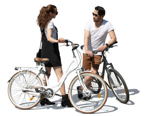 Two people with bicycles standing and talking, isolated on white and transparent background