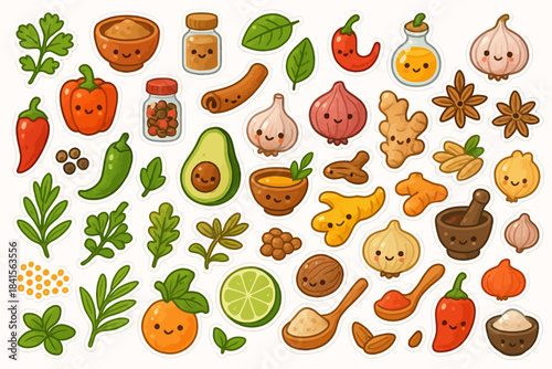 Colorful kawaii stickers of vegetables and spices with cute faces