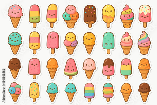 Cute cartoon ice cream stickers with smiling faces in various flavors and colors
