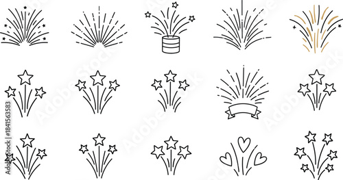 Collection of handdrawn firework illustrations isolated on white background set of doodle fireworks, bursting stars, and festive explosions for holiday designs