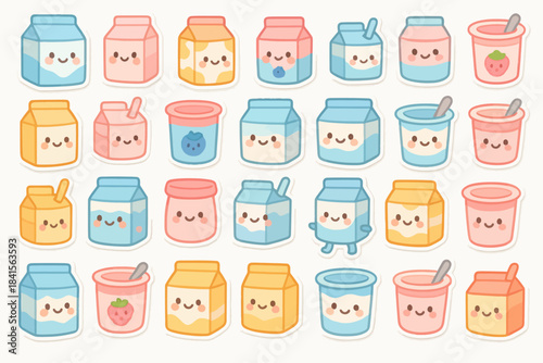 Cute kawaii milk and yogurt carton designs with happy faces