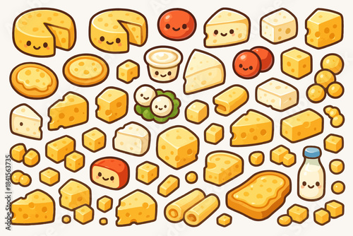 Cute cartoon cheese characters: fun variety of cheese styles and expressions