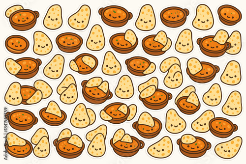Cheerful cartoon dipping sauces with smiling nachos and bowls pattern