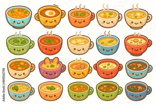 Cute cartoon soup bowls with smiling faces and varied ingredients