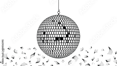 Hanging disco ball with mosaic mirror squares and confetti scattering at the bottom, party and celebration icon in black and white high-contrast vector illustration on a bright background.