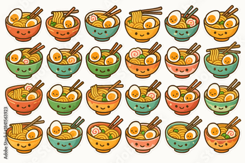 Cute cartoon ramen bowls with smiling faces and chopsticks pattern