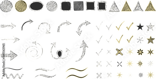 Hand drawn grunge elements isolated on white background circle, oval, square, triangle, arrow, check mark, star, cross, wave, swirl, and asterisk