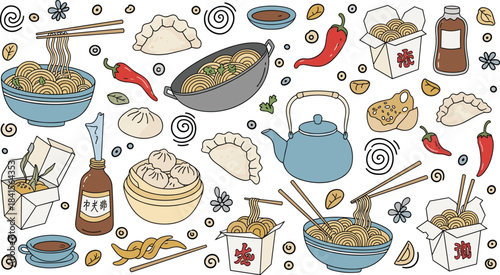A delightful assortment of asian cuisine, featuring noodles, dumplings, and teapots, all handdrawn with intricate details and vibrant colors