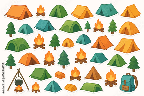 Colorful array of camping icons with tents, campfires, and trees