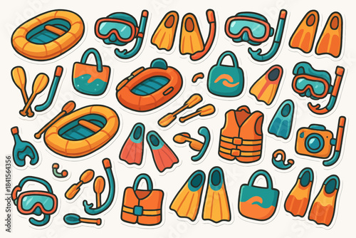 Colorful cartoon snorkeling and rafting gear with flippers and life vests