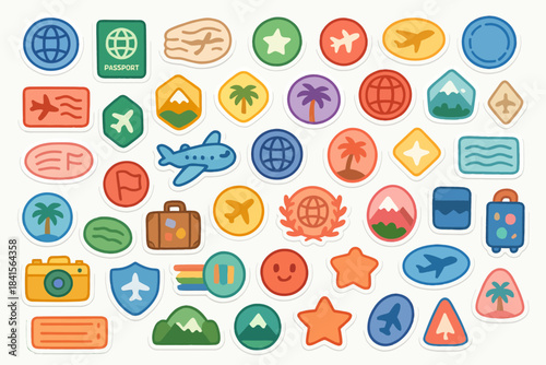 Colorful travel stickers featuring passport, airplanes, camera, and scenic icons