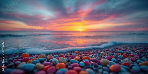 Fototapeta Naklejka Na Ścianę i Meble -  Colorful stones on a blurred sunset beach scene, ideal for editorial header backgrounds or calming visual layouts
