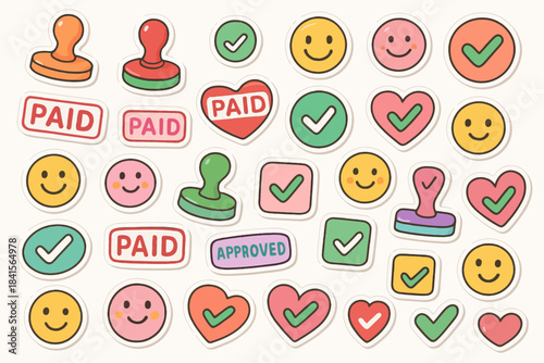 Colorful assorted stickers with smiling faces, hearts, and stamps including paid and approved