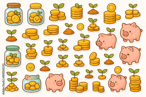 Cute piggy banks and growing coins with sprouting plants