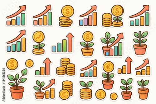 Colorful financial growth icons with coins, plants, and graphs