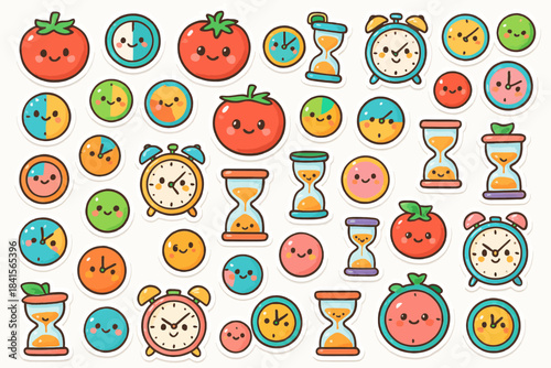 Cute cartoon clock and tomato characters with happy faces and hourglasses