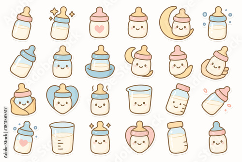 Cute baby bottle and milk-themed cartoon icons with smiling faces