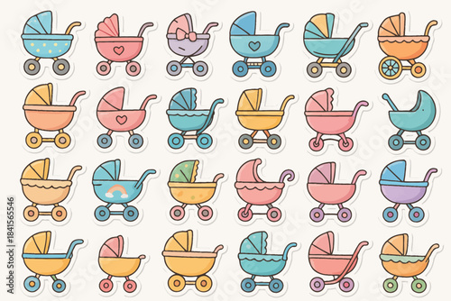 Collection of colorful baby carriages in various designs and styles