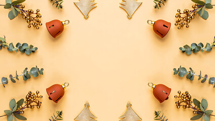 A festive holiday flat lay on a yellow background with a border of golden bells, stars, and eucalyptus.