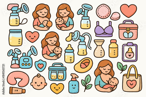 Breastfeeding icons collection with mothers and babies
