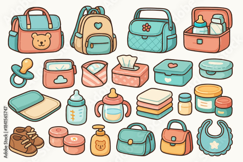 Colorful baby accessories set including bags, bottles, and bibs for convenient parenting