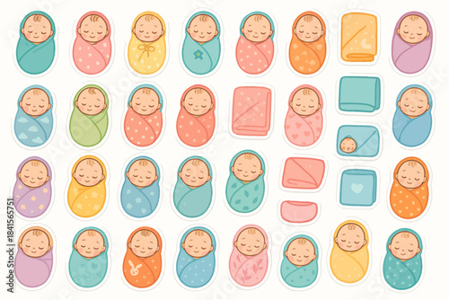 Colorful array of sleeping swaddled babies in pastel blankets with stars and moons
