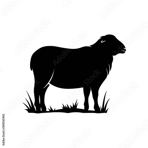 A black silhouette of a sheep standing in a patch of grass.