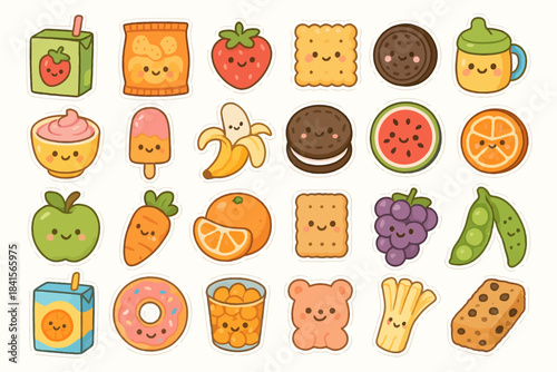 Cute cartoon food stickers with smiling faces including fruits and snacks