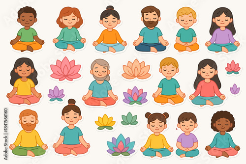 Diverse children meditating with lotus flowers, peaceful group yoga illustration