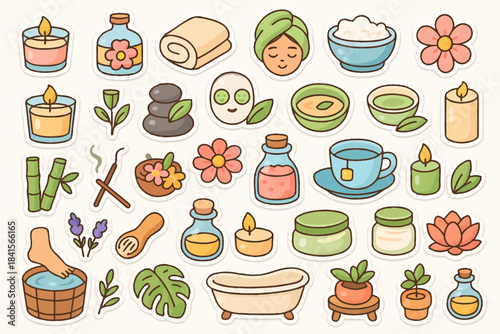 Relaxing spa icons: candles, flowers, and wellness symbols for soothing ambiance