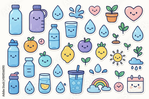 Cute kawaii stickers of fruits, water droplets, and plants with happy faces