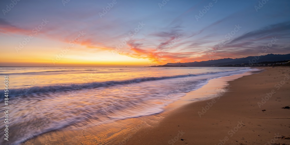 Obraz premium Long exposure of a beach at sunset, tranquil sky colors, ideal for background design