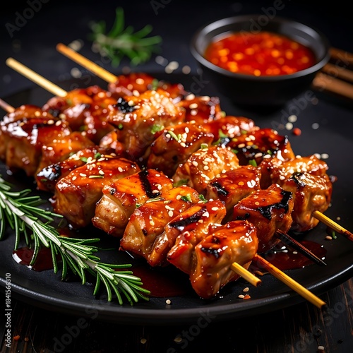 Glossy, seasoned meat skewers on a black plate with rosemary and a dipping sauce on a dark wooden surface