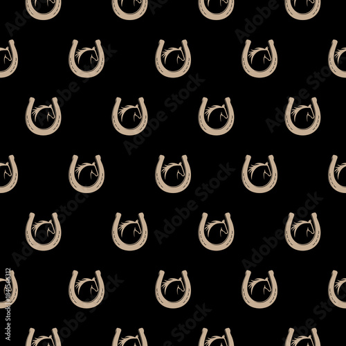 Horse and horseshoe seamless pattern isolated on black background
